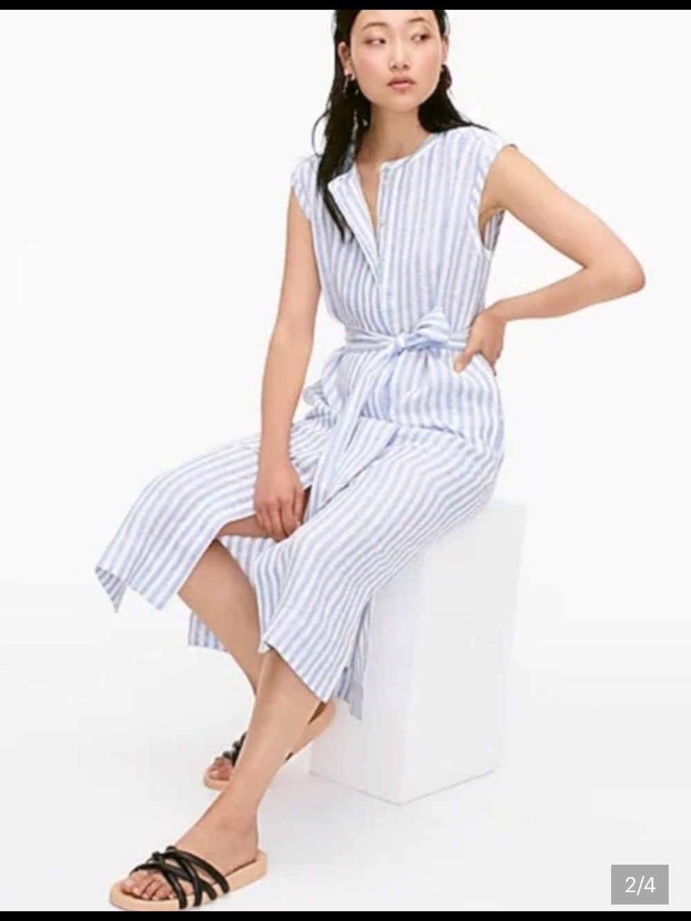 Banana Republic Blue and White Striped Sleeveless Button-Front Shirt Dress Linen